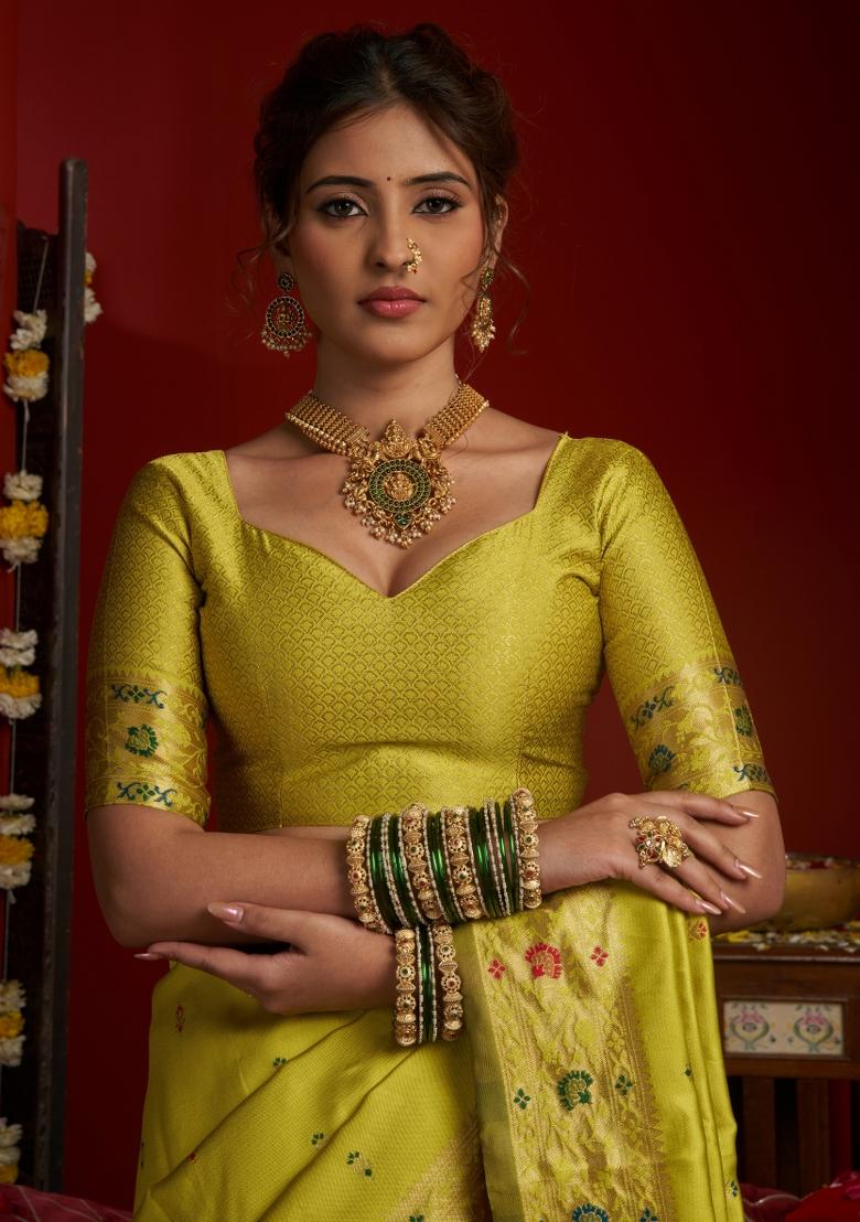 Parrot Green Woven Design Silk Blend Saree Set - Indya