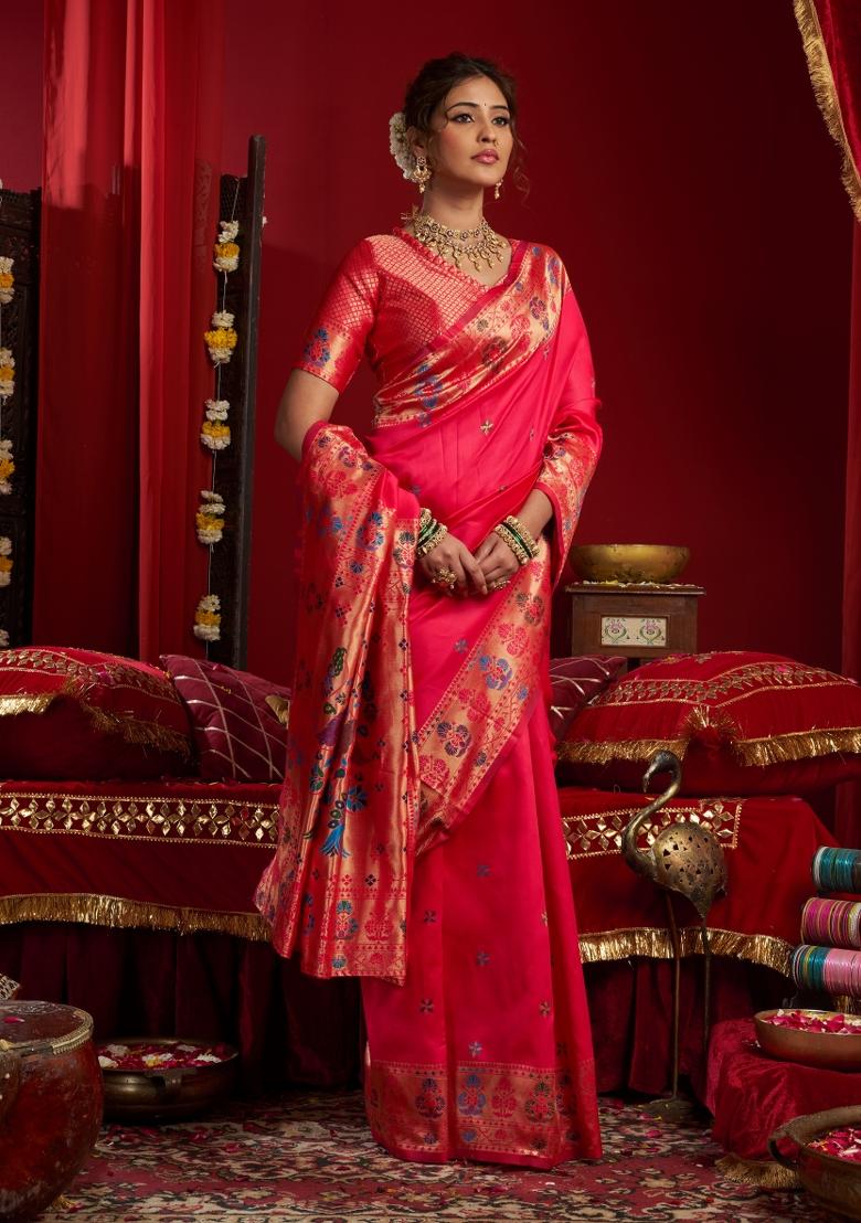 Pink Woven Design Silk Blend Saree Set - Indya