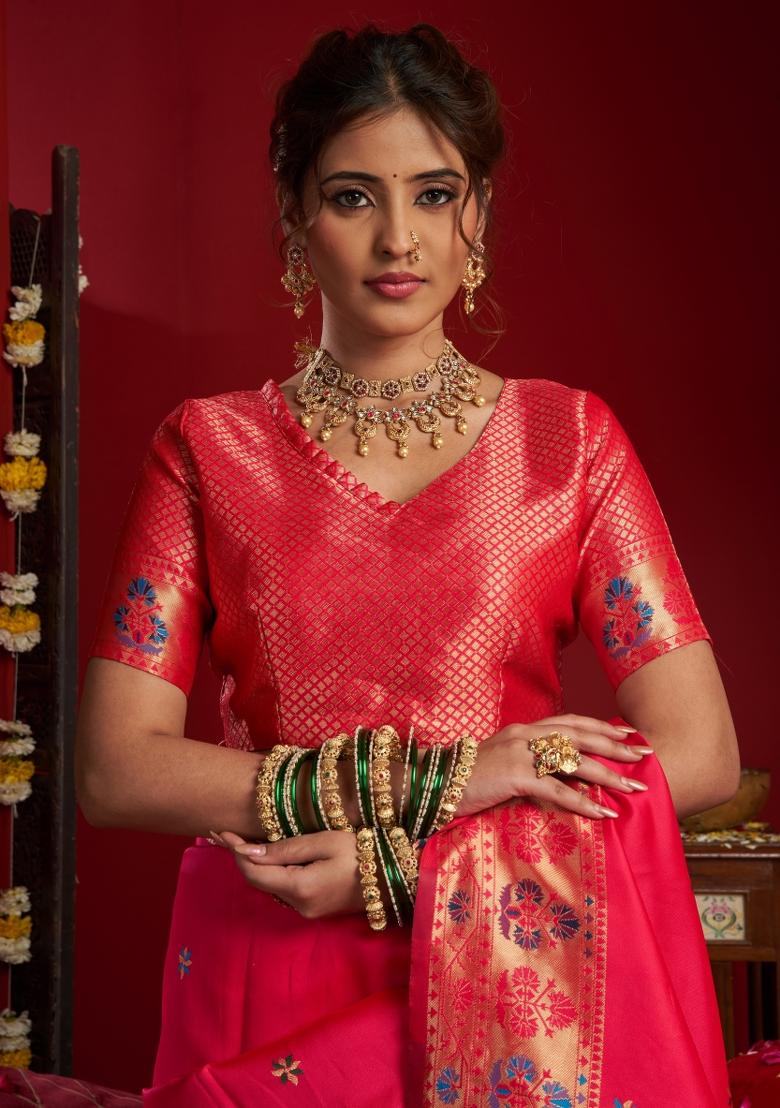 Pink Woven Design Silk Blend Saree Set - Indya
