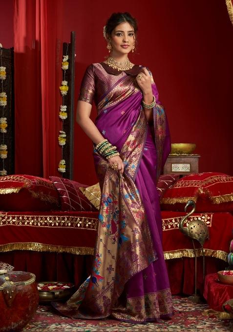 Purple Woven Design Silk Blend Saree Set