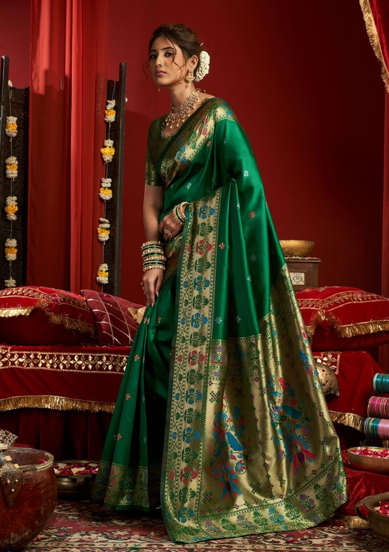 Green Woven Design Silk Blend Saree Set - Indya