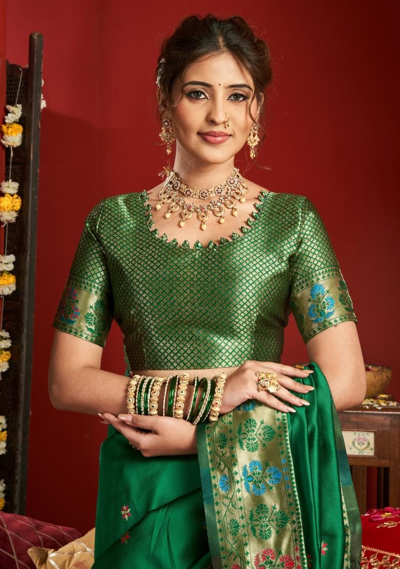 Green Woven Design Silk Blend Saree Set - Indya