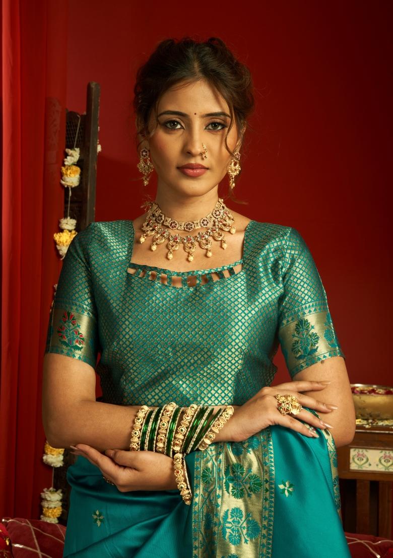 Turquoise Woven Design Silk Blend Saree Set - Indya