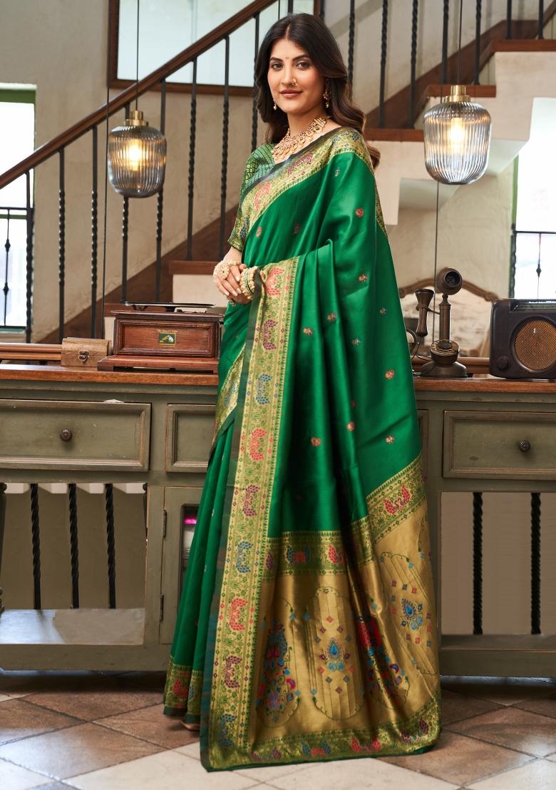 Green Woven Design Silk Blend Saree Set - Indya