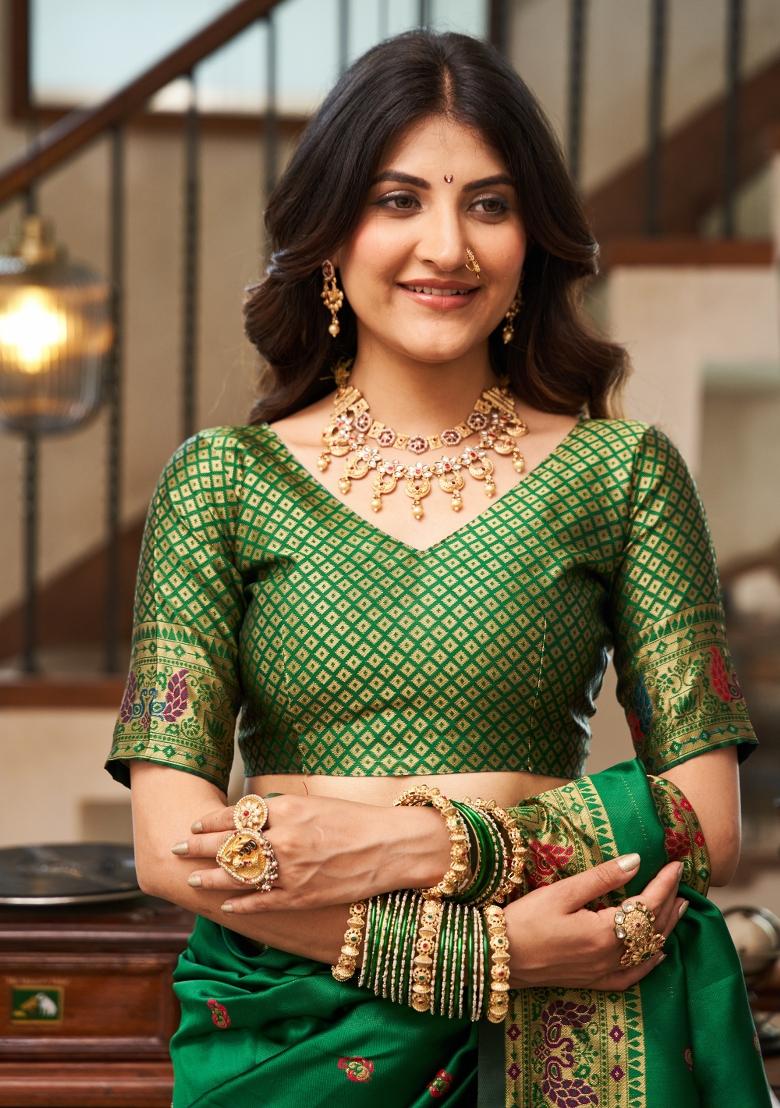 Green Woven Design Silk Blend Saree Set - Indya