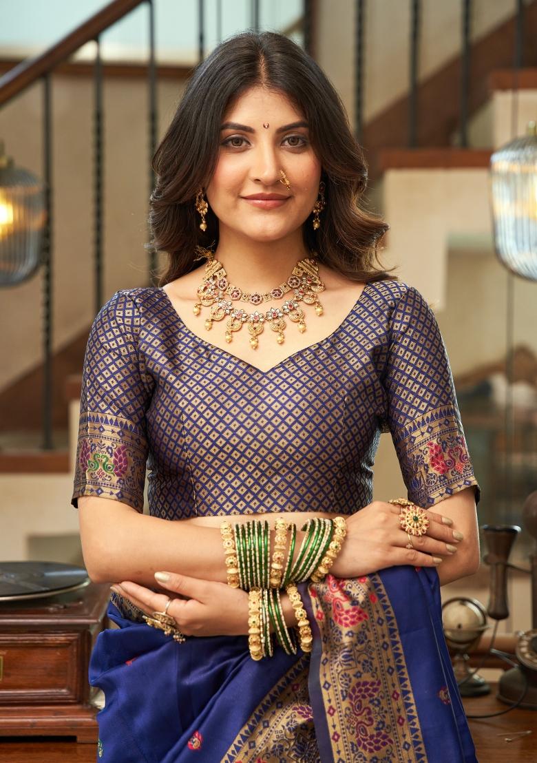 Blue Woven Design Silk Blend Saree Set - Indya