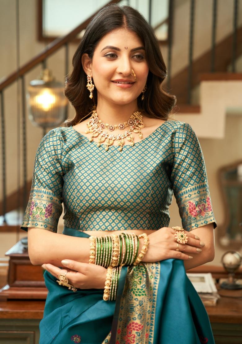 Turquoise Woven Design Silk Blend Saree Set - Indya