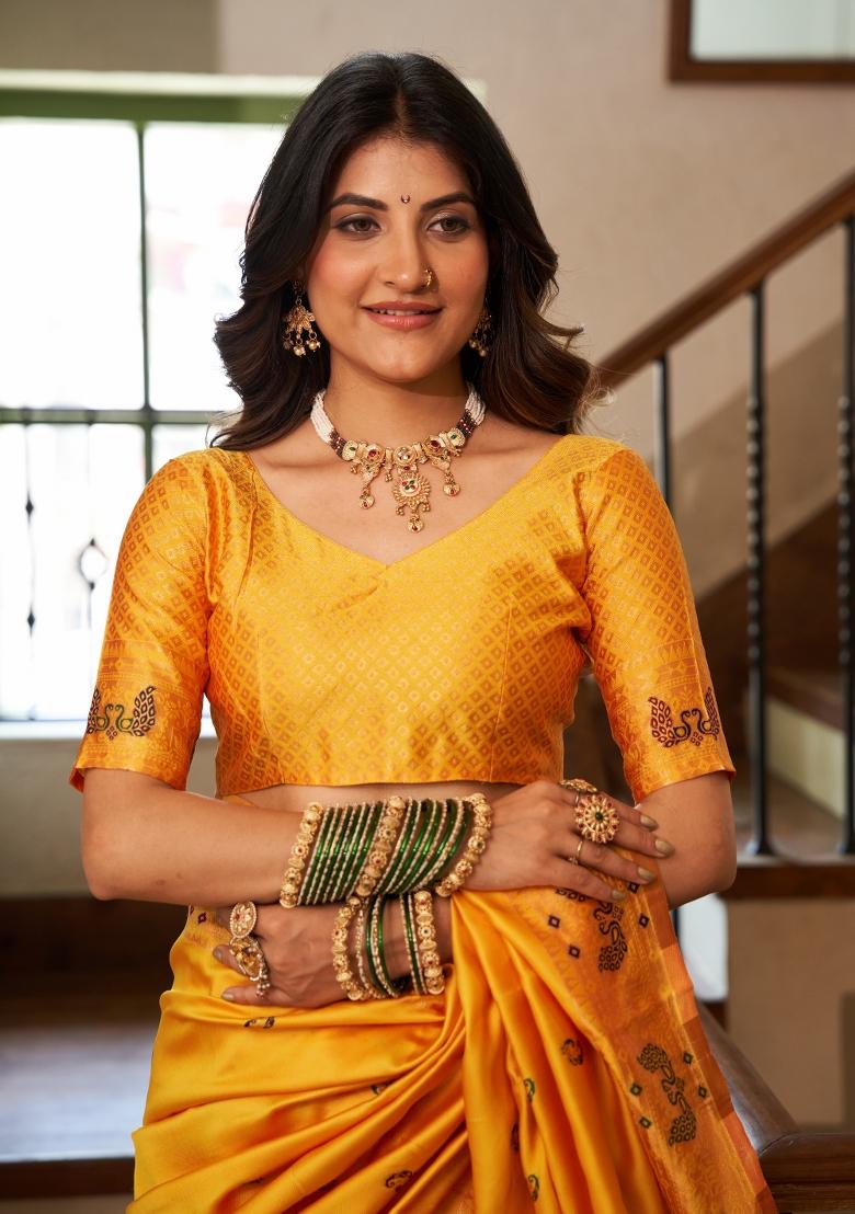 Yellow Woven Design Silk Blend Saree Set - Indya