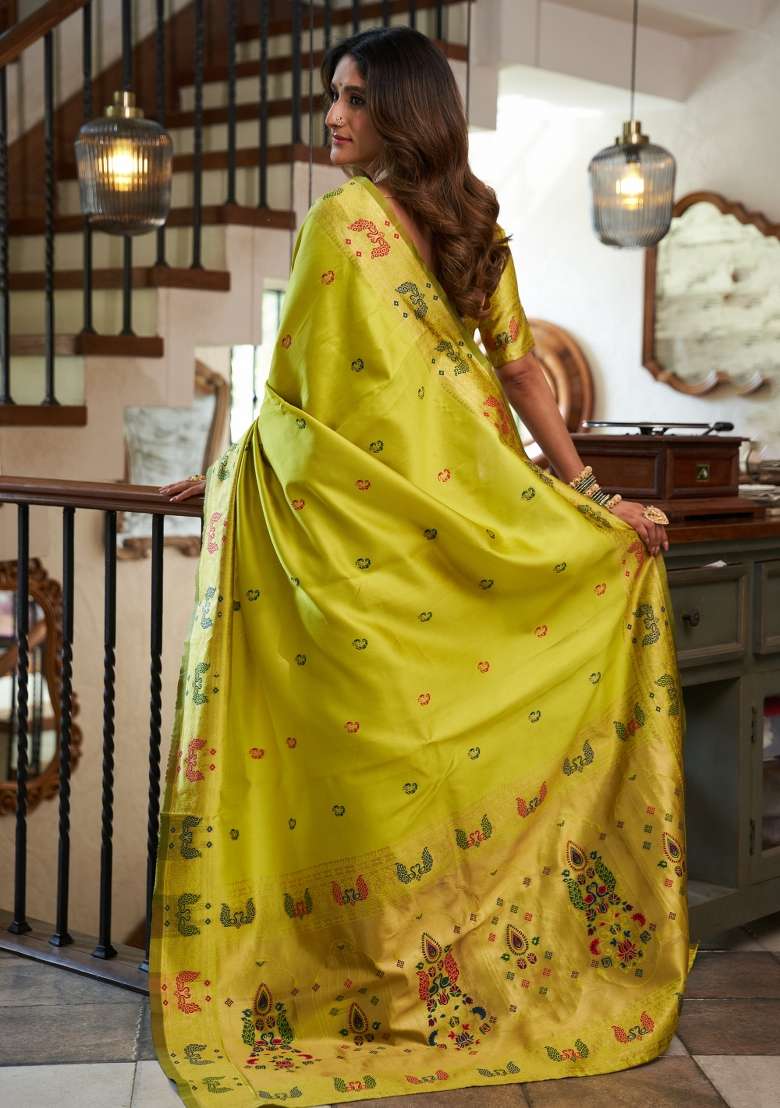 Parrot Green Woven Design Silk Blend Saree Set for Diwali and Festive Wear - Indya