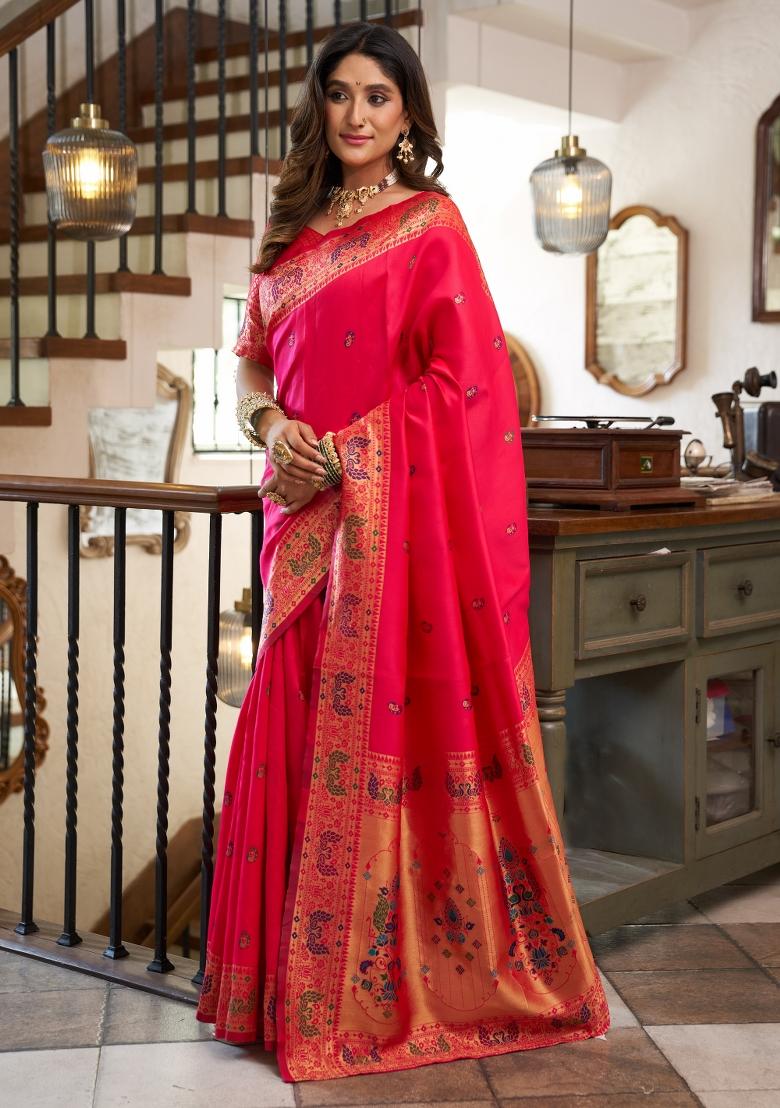 Pink Woven Design Silk Blend Saree Set - Indya