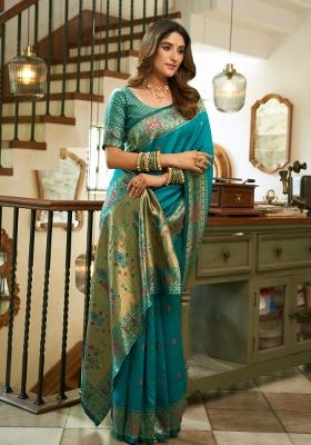 Turquoise Woven Design Silk Blend Saree Set