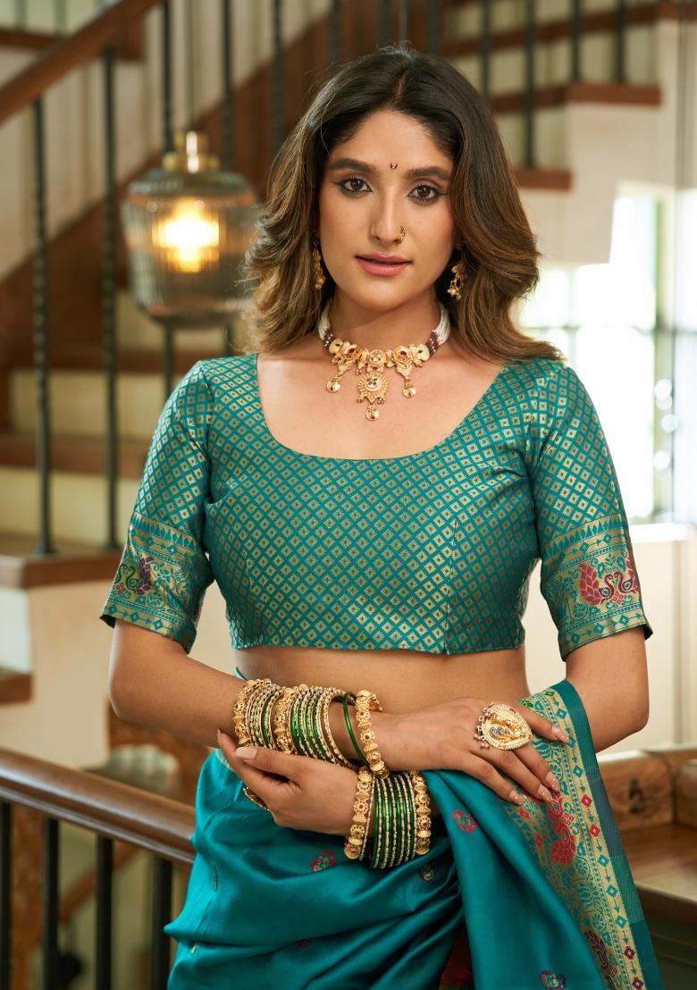 Turquoise Woven Design Silk Blend Saree Set - Indya