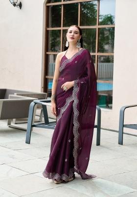 Wine Embroidered Chiffon Saree Set