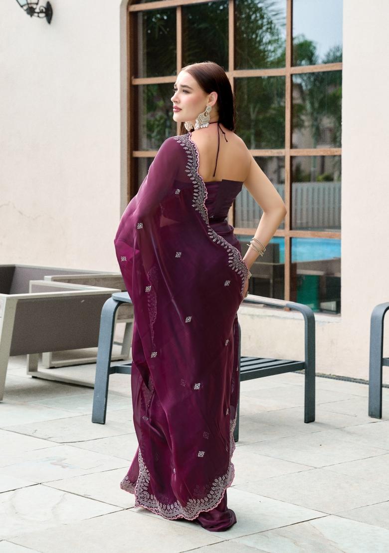 Wine Embroidered Chiffon Saree Set - Indya