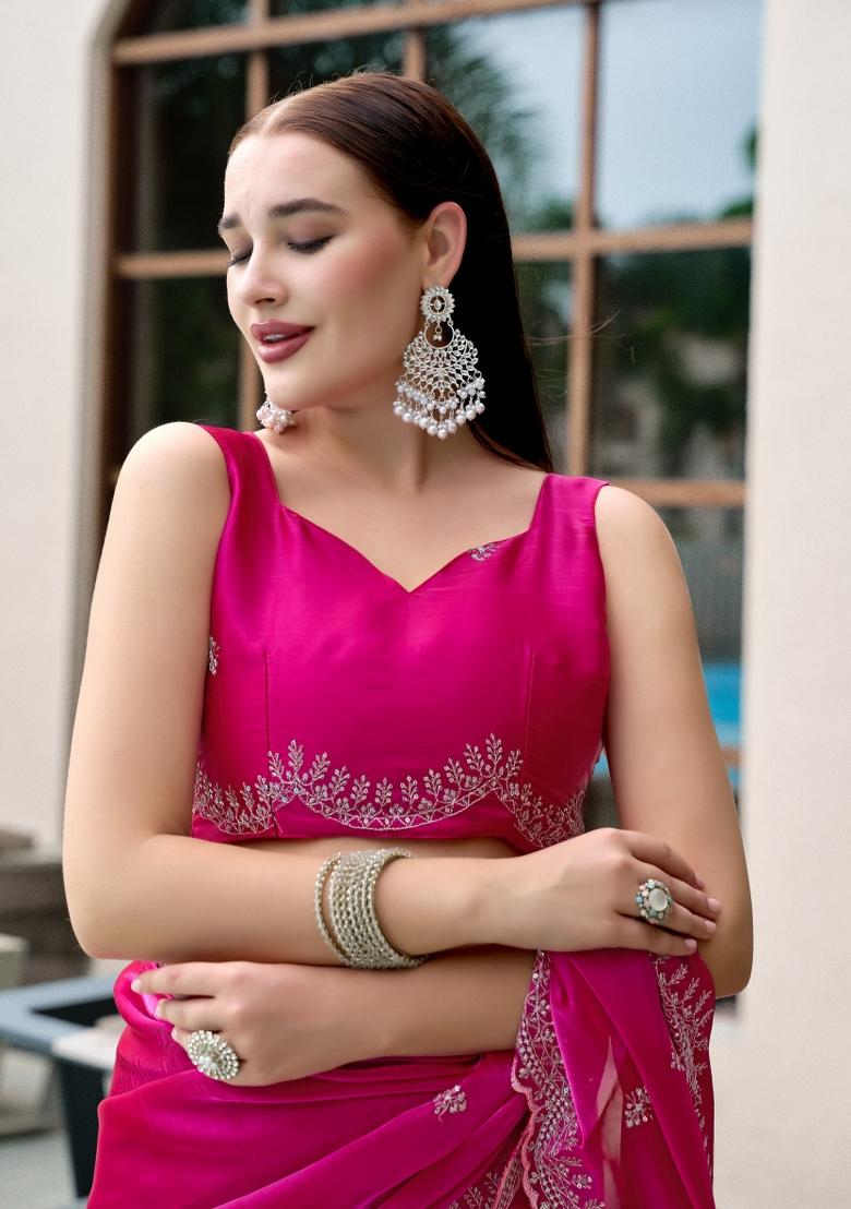 Rani Pink Embroidered Chiffon Saree Set - Indya