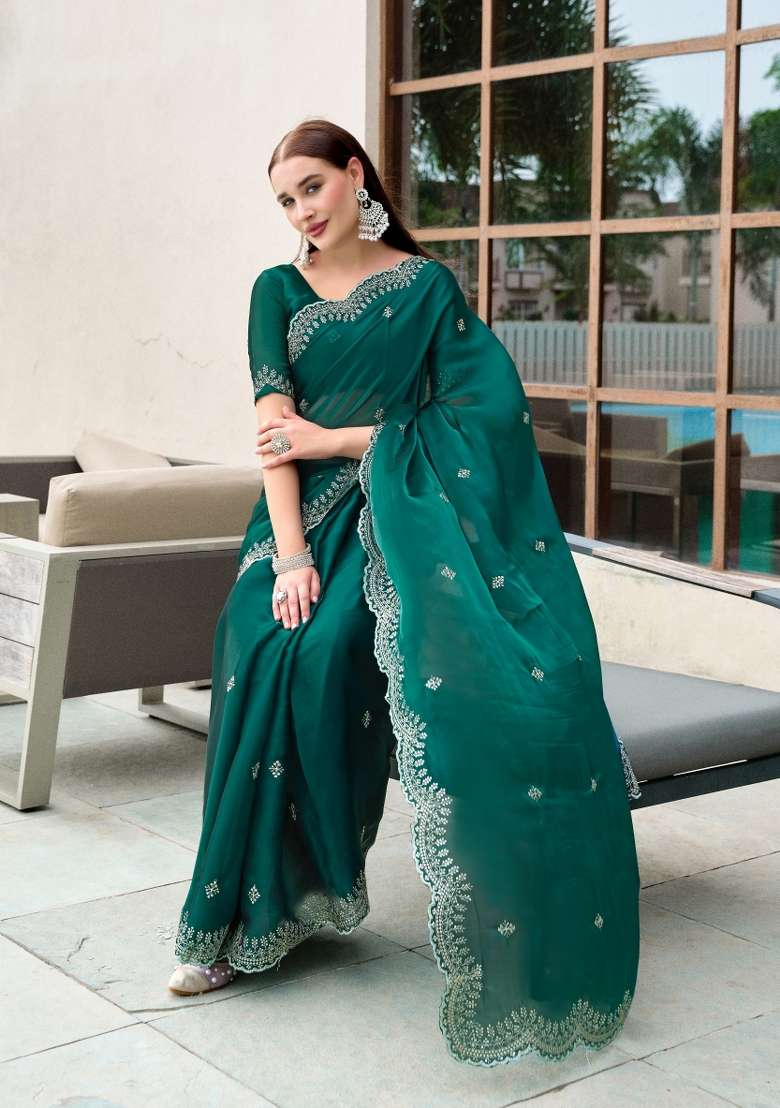Dark Sea Green Chiffon Saree Set with Embroidered for Diwali | Wedding & Festive Wear - Indya