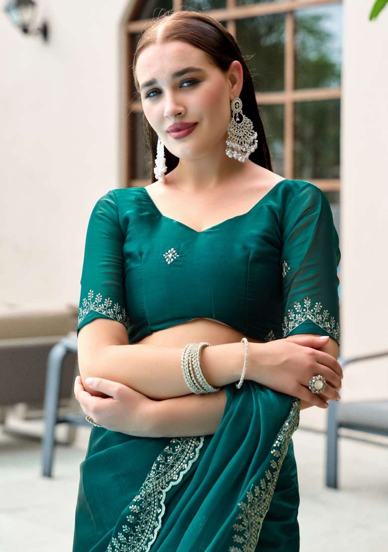Dark Sea Green Chiffon Saree Set with Embroidered for Diwali | Wedding & Festive Wear - Indya