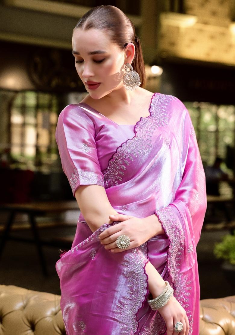 Baby Pink Embroidered Chiffon Saree Set - Indya
