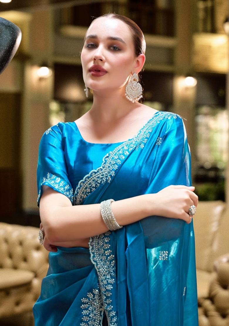 Turquoise Embroidered Chiffon Saree Set - Indya