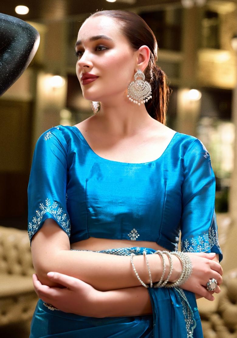 Turquoise Embroidered Chiffon Saree Set - Indya