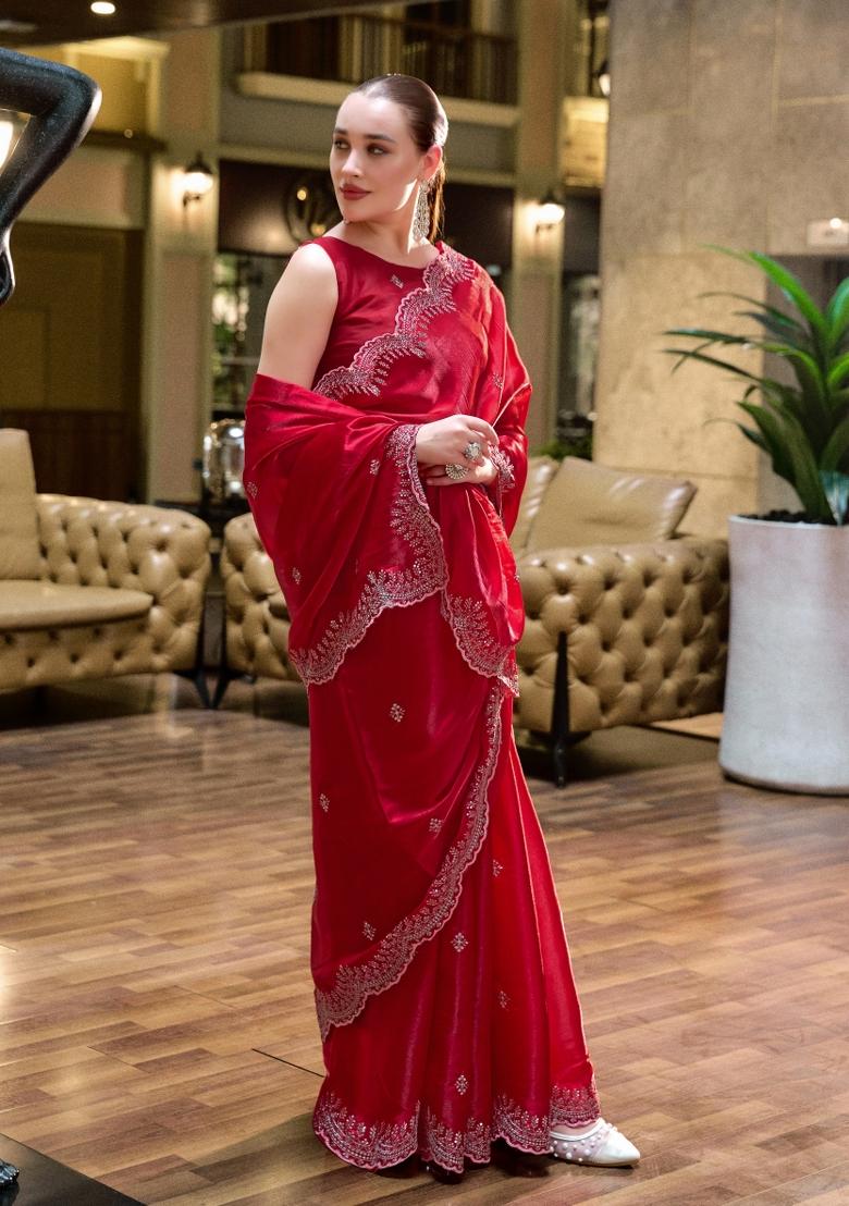 Red Embroidered Chiffon Saree Set - Indya