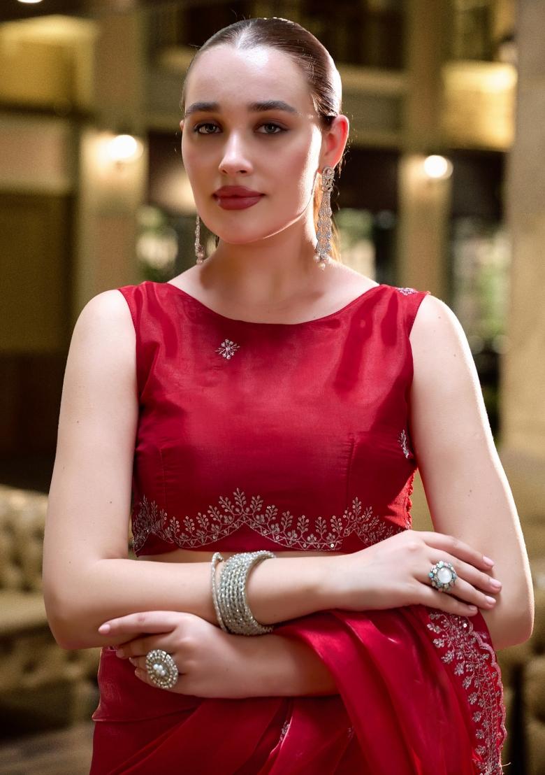 Red Embroidered Chiffon Saree Set - Indya