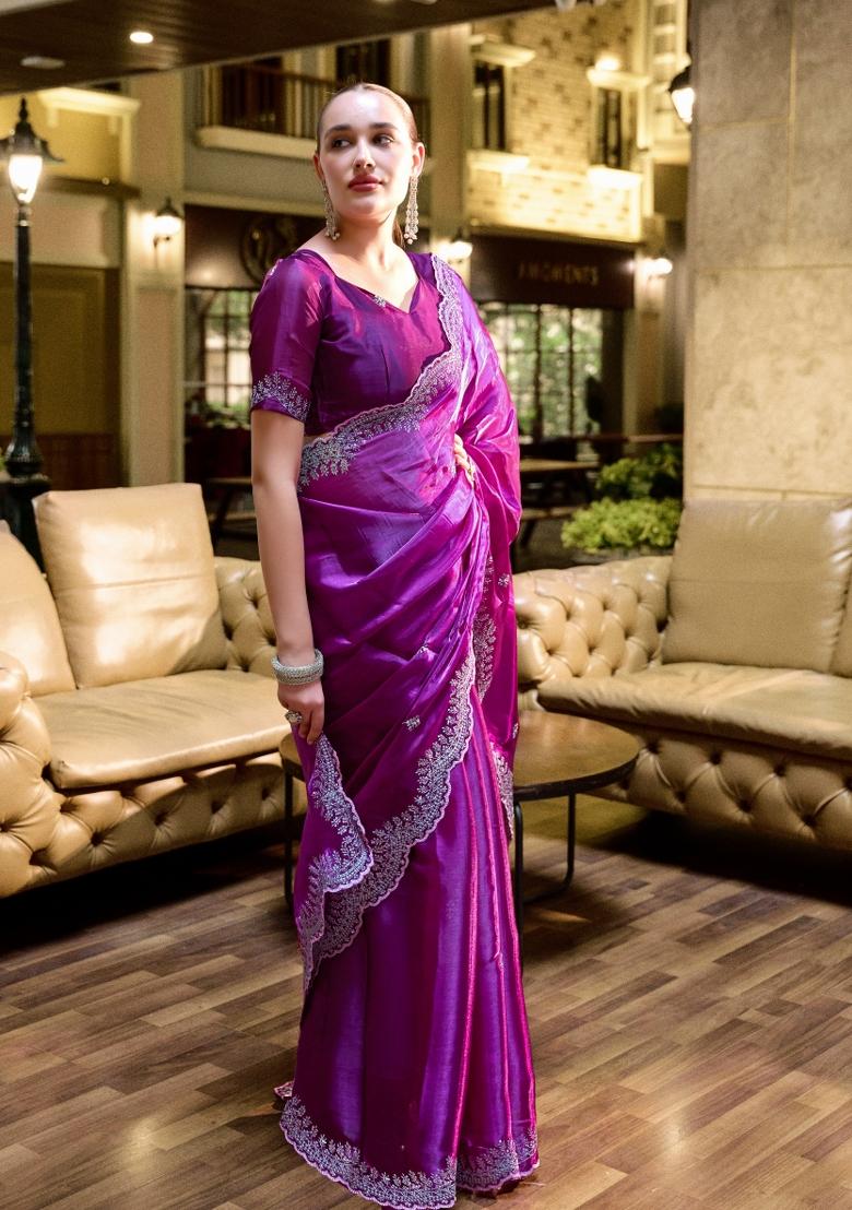 Purple Embroidered Chiffon Saree Set - Indya
