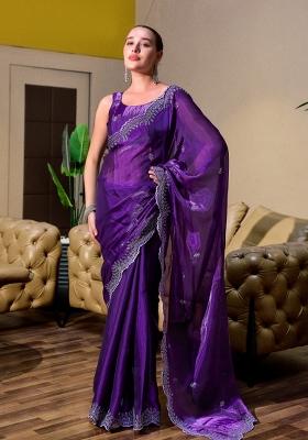 Plum Embroidered Chiffon Saree Set