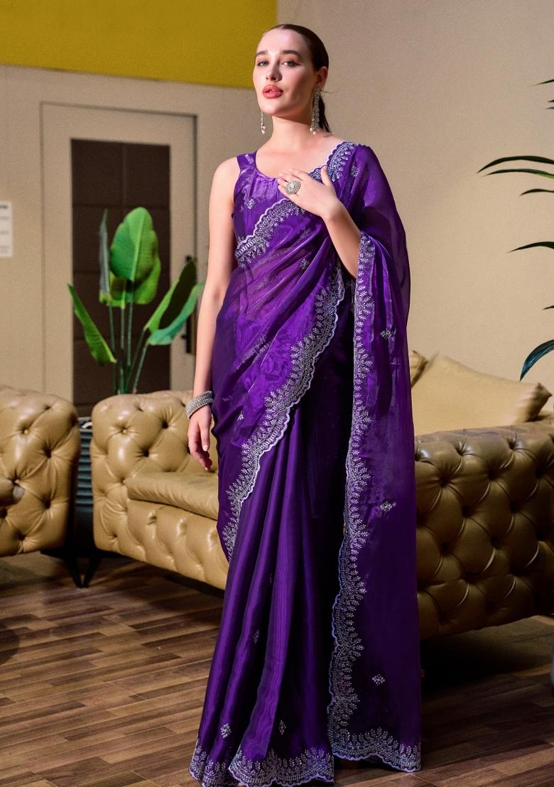 Plum Embroidered Chiffon Saree Set - Indya