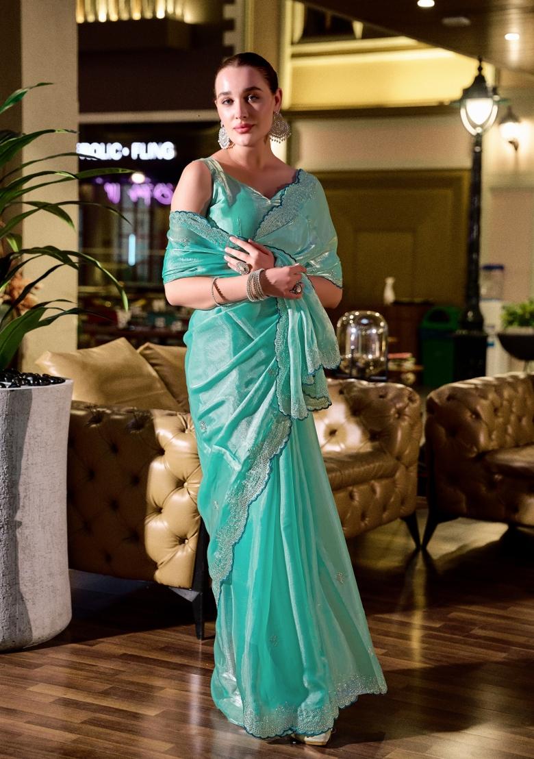 Sky Blue Embroidered Chiffon Saree Set - Indya
