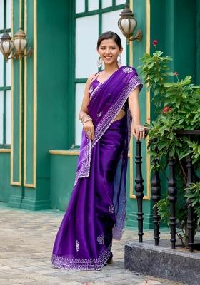 Plum Embroidered Chiffon Saree Set