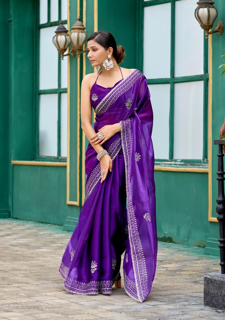Plum Embroidered Chiffon Saree Set - Indya
