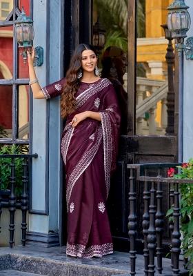 Wine Embroidered Chiffon Saree Set