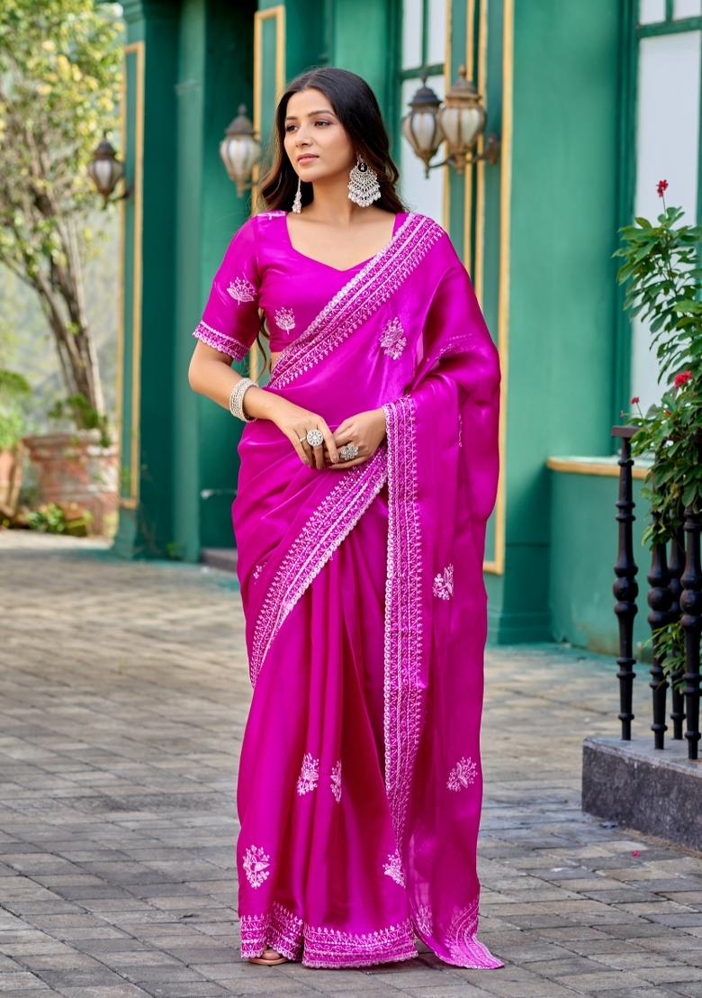 Rani Pink Embroidered Chiffon Saree Set - Indya