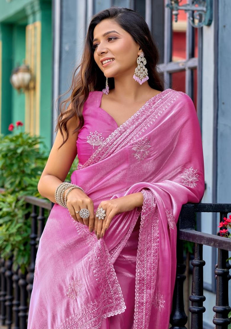 Baby Pink Embroidered Chiffon Saree Set - Indya