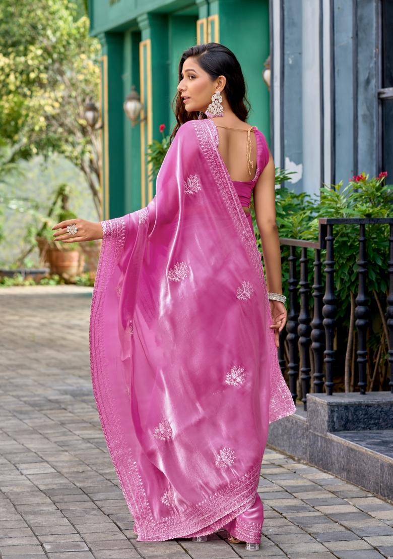 Baby Pink Embroidered Chiffon Saree Set - Indya