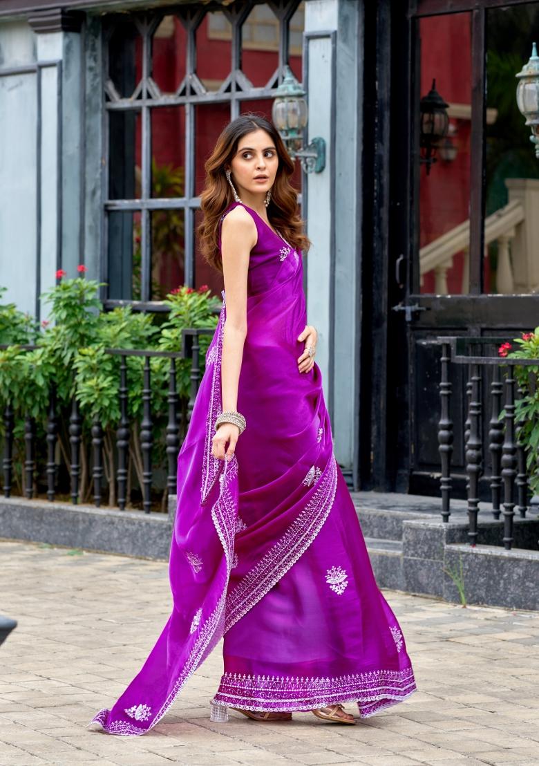 Purple Embroidered Chiffon Saree Set - Indya