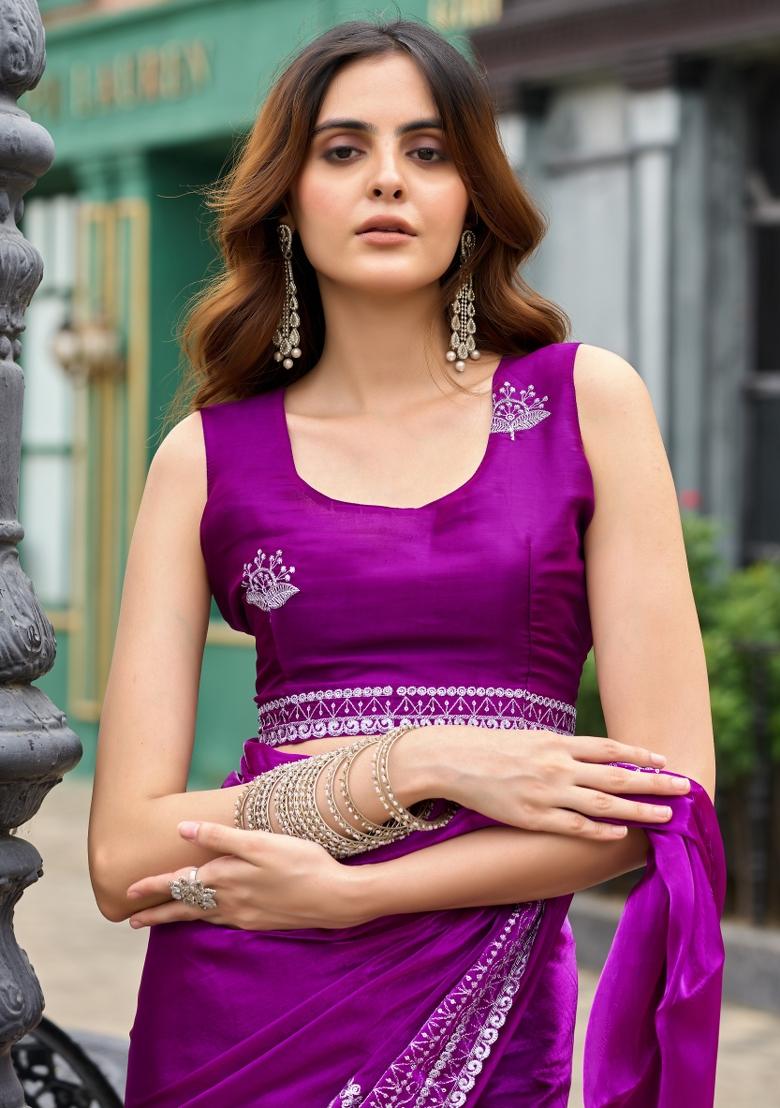 Purple Embroidered Chiffon Saree Set - Indya