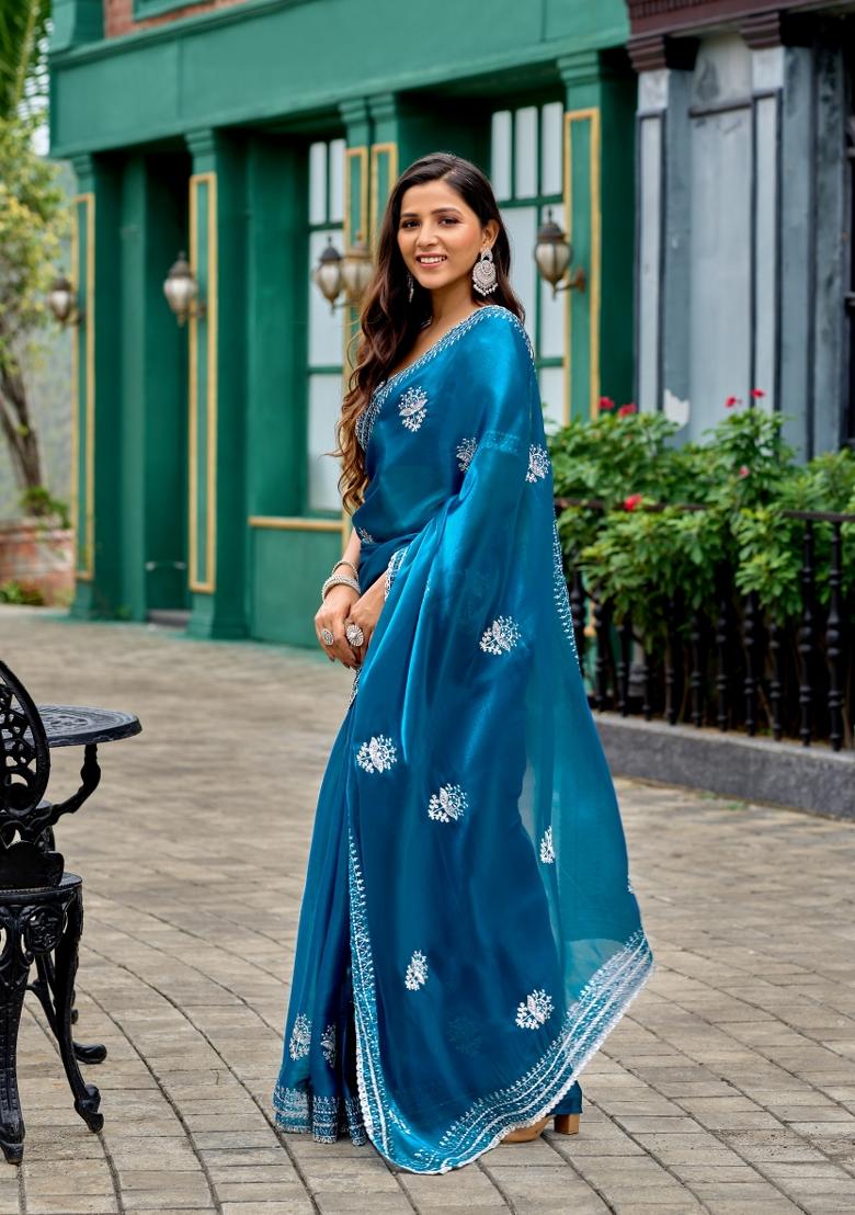 Turquoise Embroidered Chiffon Saree Set - Indya