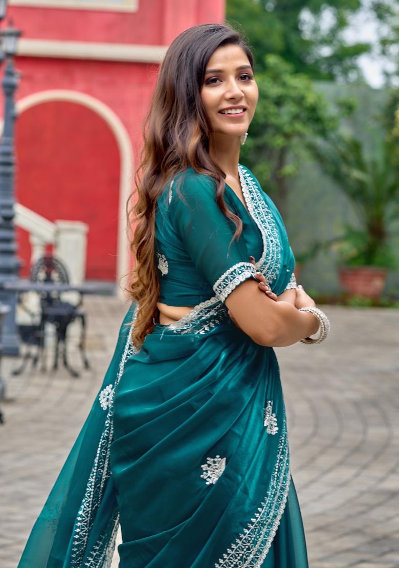 Dark Sea Green Embroidered Chiffon Saree Set - Indya