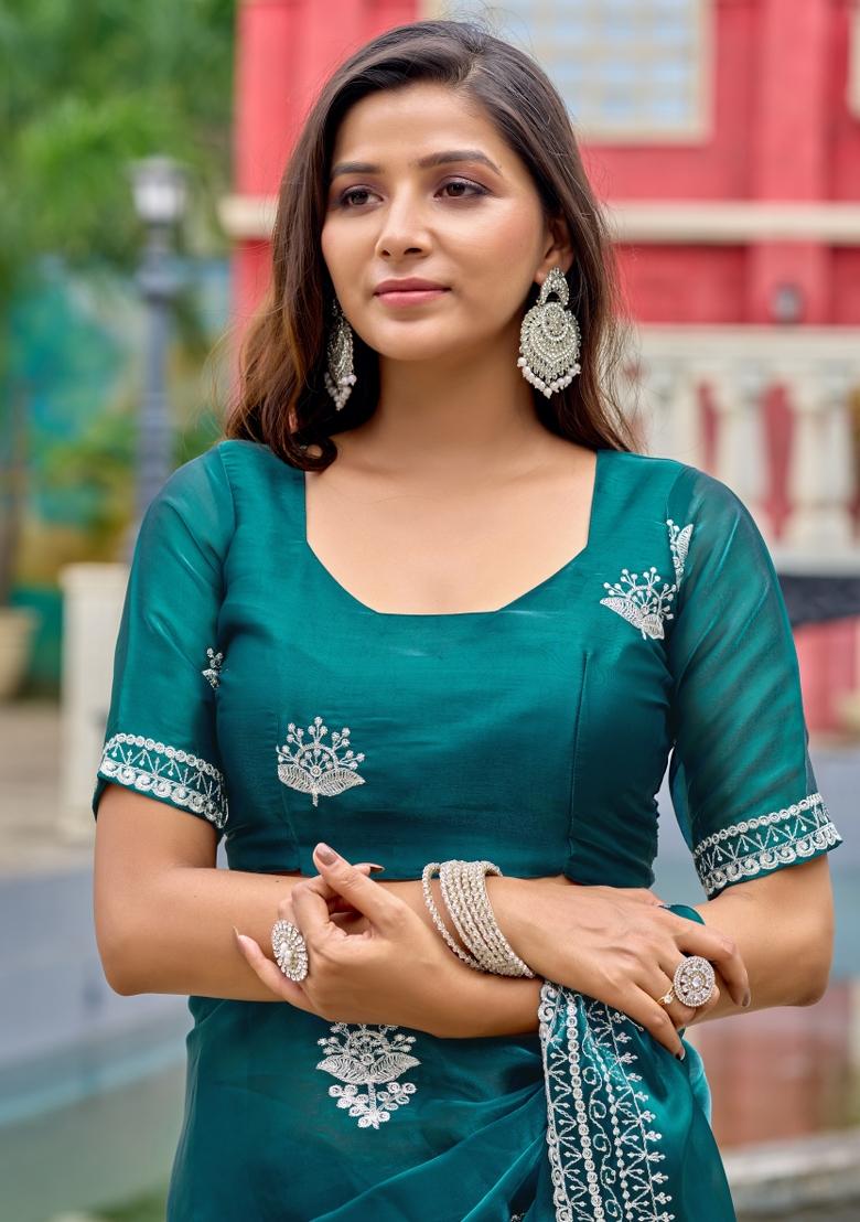 Dark Sea Green Embroidered Chiffon Saree Set - Indya