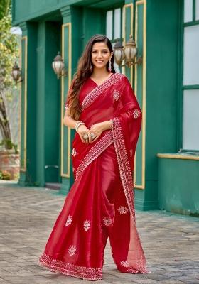 Red Embroidered Chiffon Saree Set