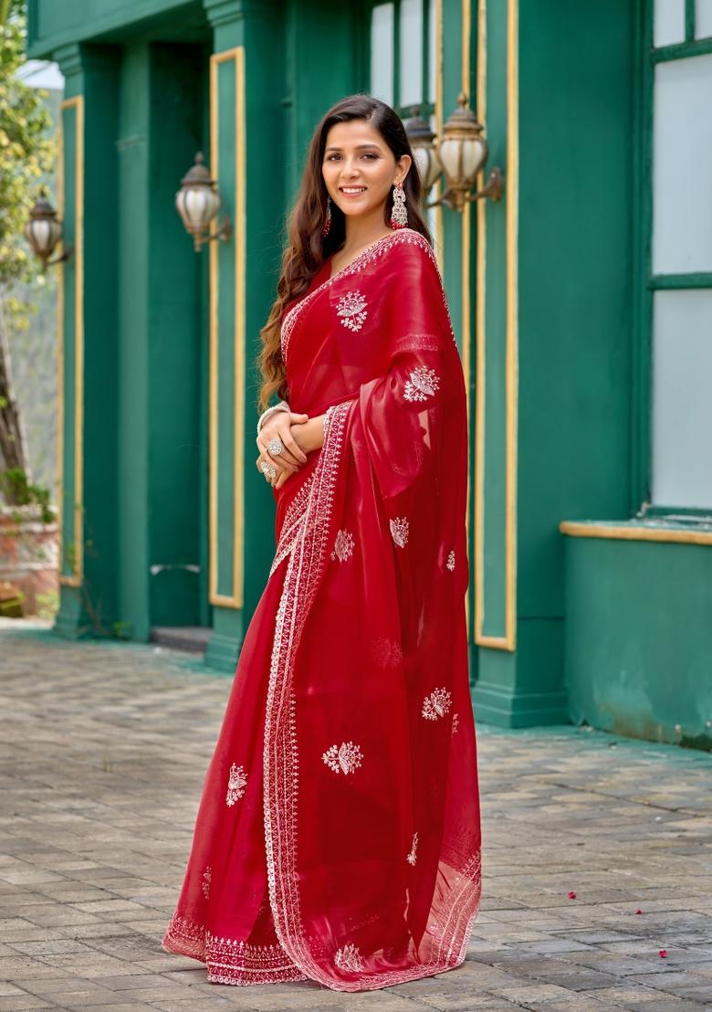 Red Embroidered Chiffon Saree Set - Indya