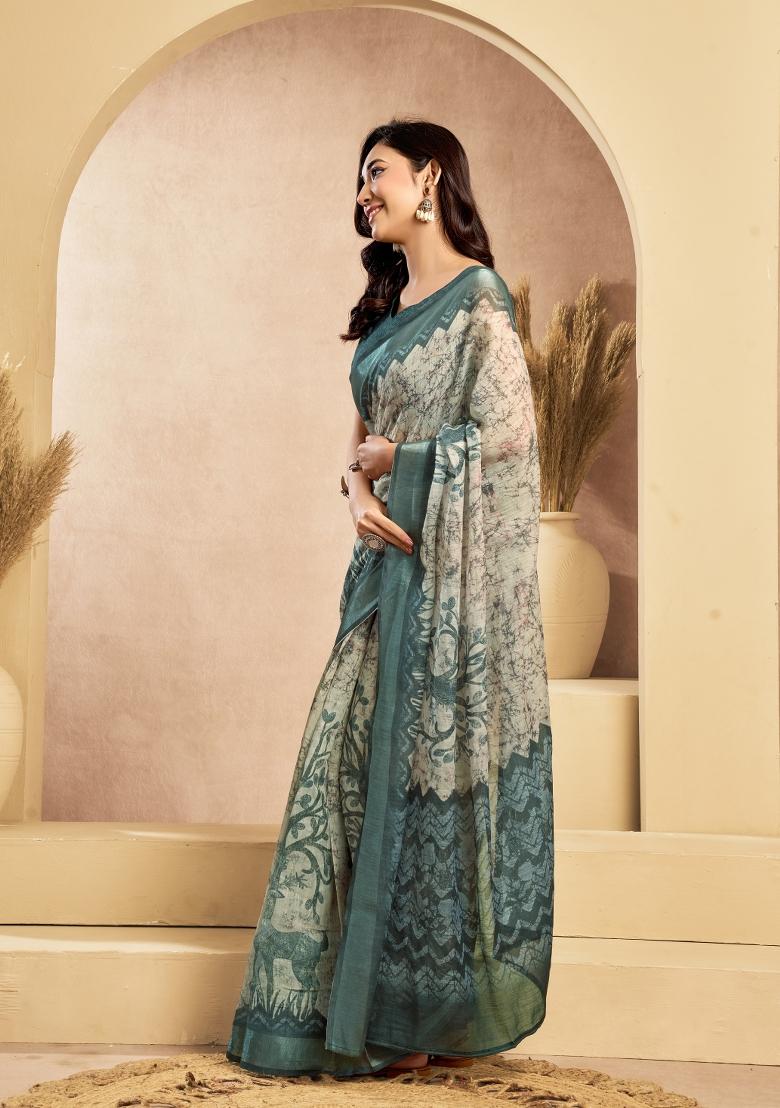 Off White Printed Linen Saree Set - Indya