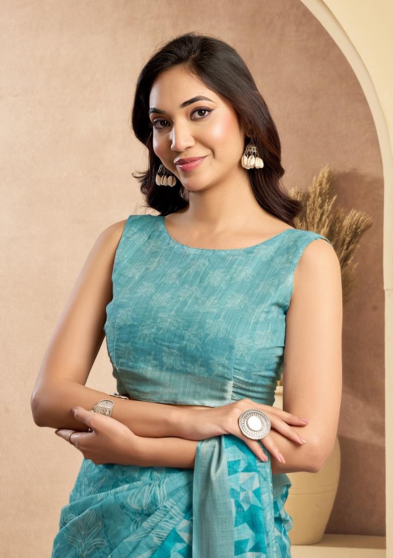 Sky Blue Printed Linen Saree Set - Indya