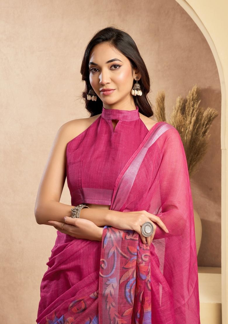 Rani Pink Printed Linen Saree Set - Indya