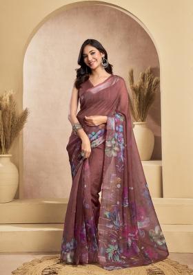 Brown Printed Linen Saree Set