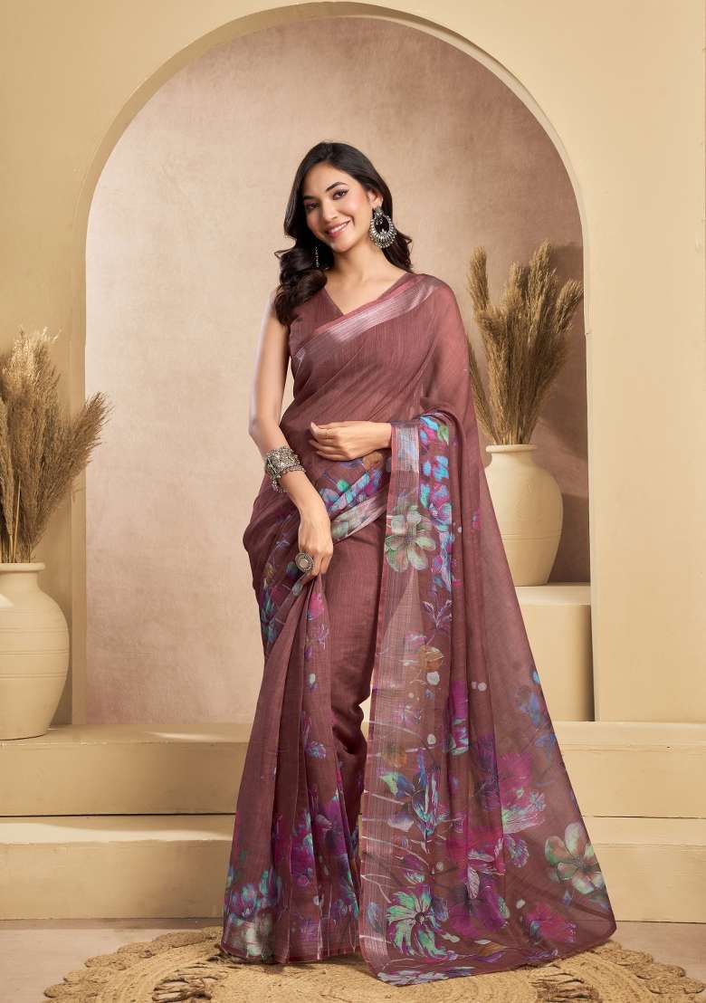 Brown Printed Linen Saree Set for Diwali and Festive Wear - Indya