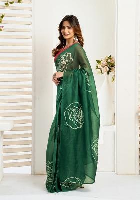 Green Printed Linen Saree Set
