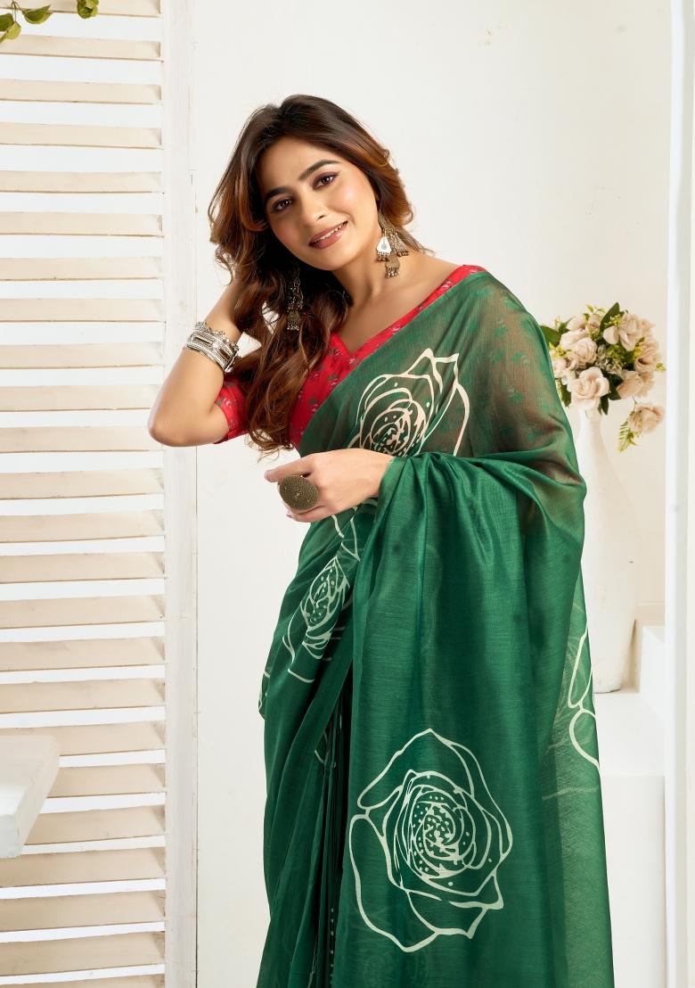 Green Printed Linen Saree Set - Indya